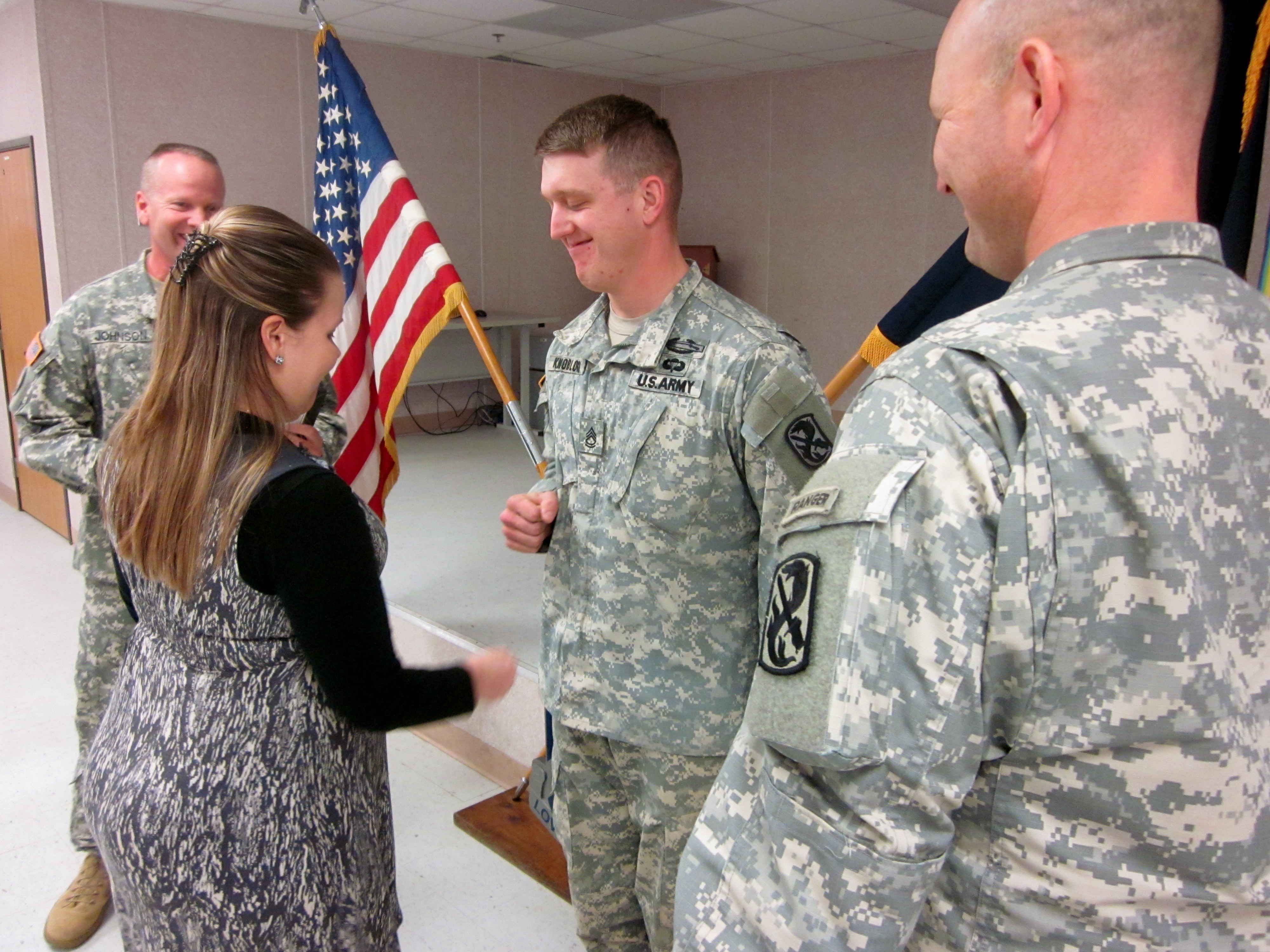 Earlier this year I was able to "pin" my Beloved when he was promoted to Sgt First Class... This experience may or may not have included a secret hand shake, fist pound and a big ol' smooch. 